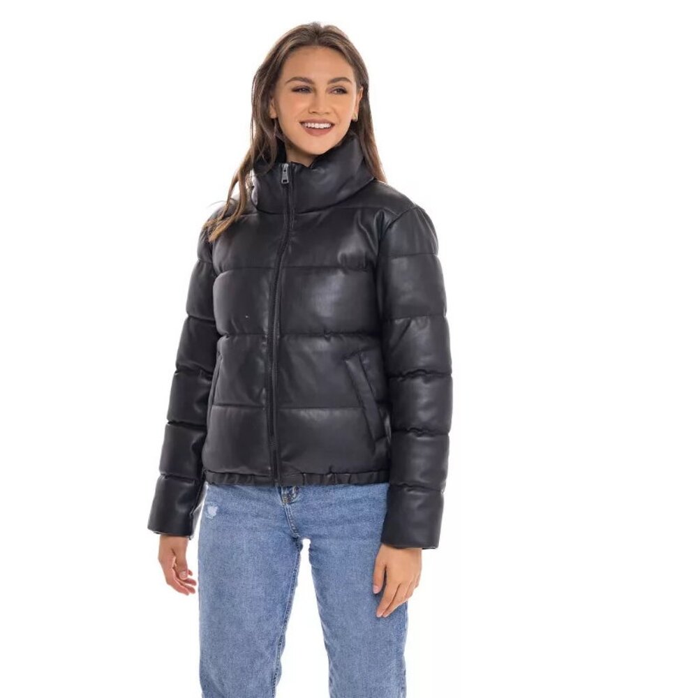 Women's Faux Leather Puffer Jacket, Puffy Coat